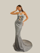 MISSORD Halter Neck Cutout Sequin Grey Mermaid Prom Dress