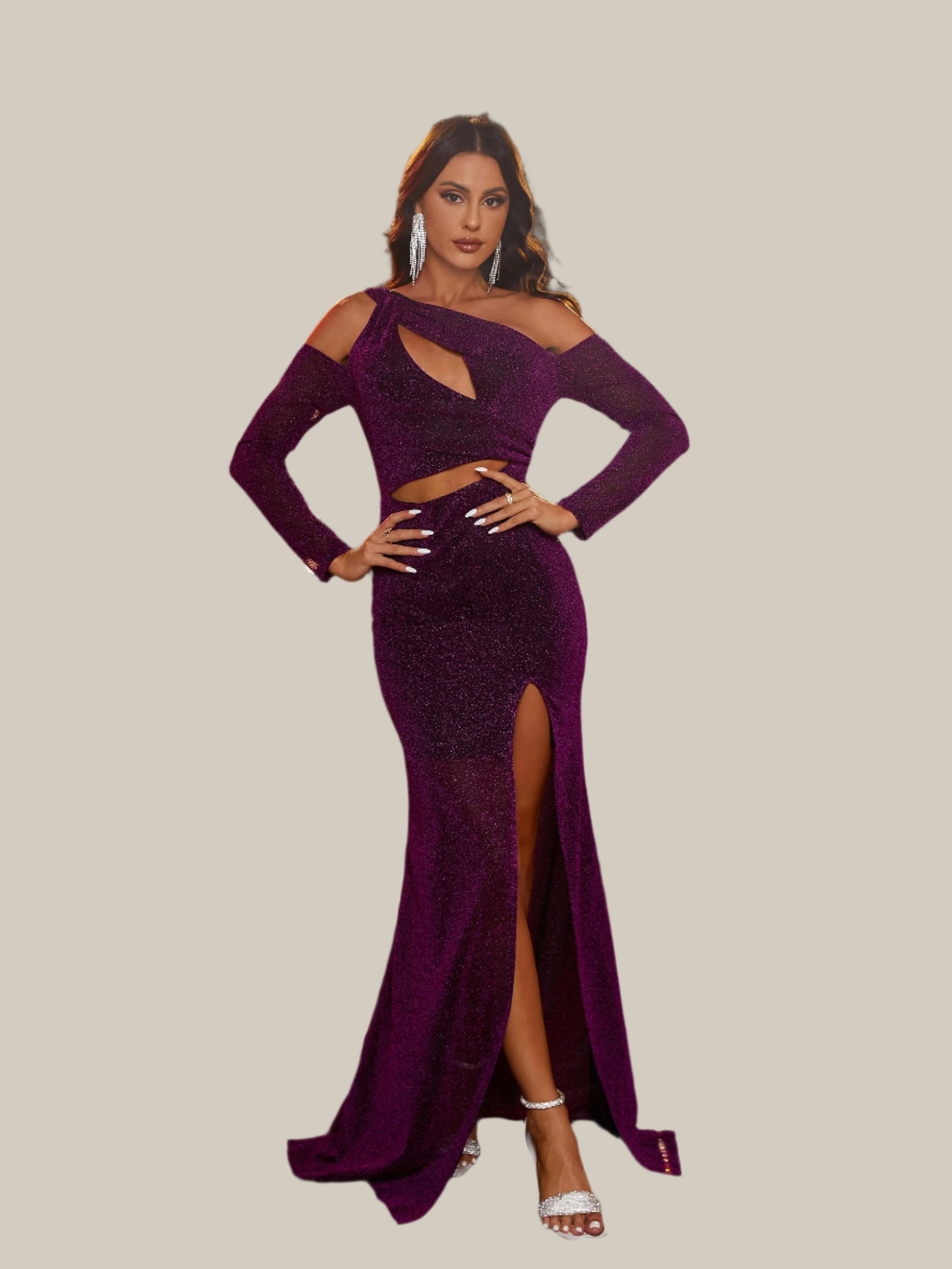 Sexy One Shoulder Cut Out Giltter Purple Prom Dress RAP06 MISS ORD