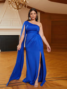 MISSORD Plus Size Knit One Shoulder High Split Blue Prom Dress