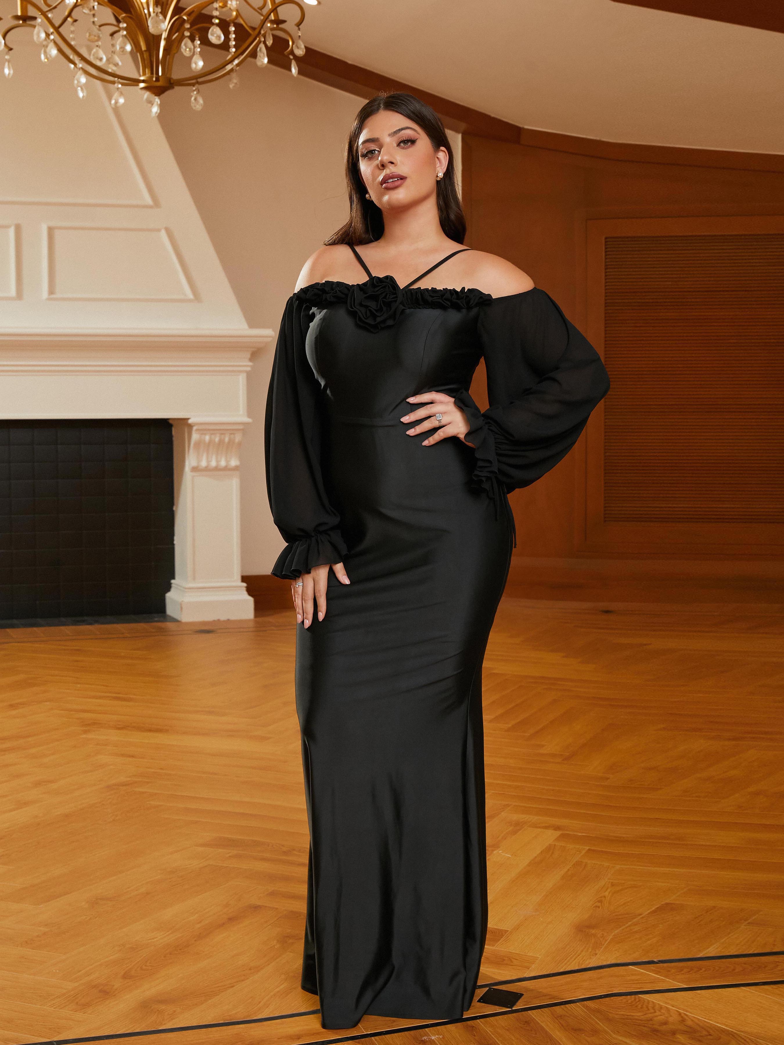 MISSORD Plus Size Halter Appliqued Panel Black Prom Dress