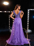 MISSORD V-neck Sleeveless Panel Mesh Purple Sequin Prom Dress