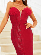 MISSORD Tube Top Appliqued Red Split Sequin Prom Dress