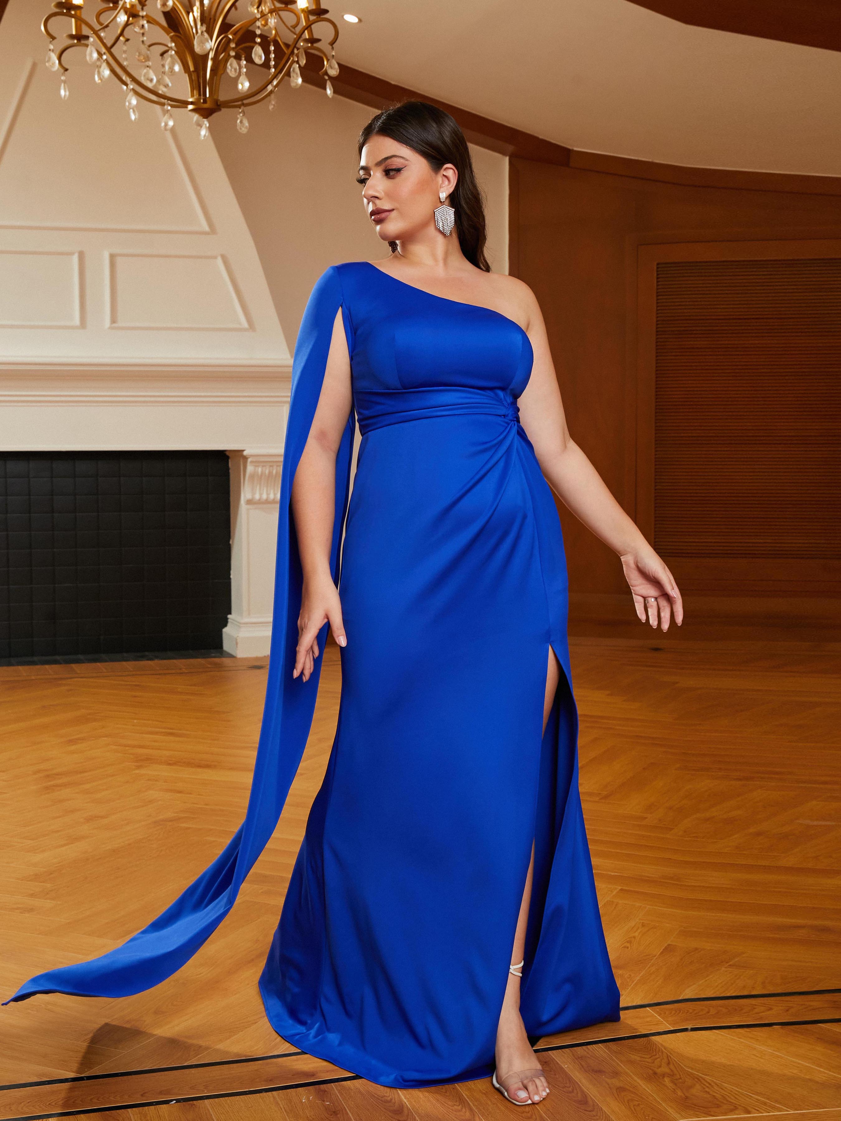 MISSORD Plus Size Knit One Shoulder High Split Blue Prom Dress