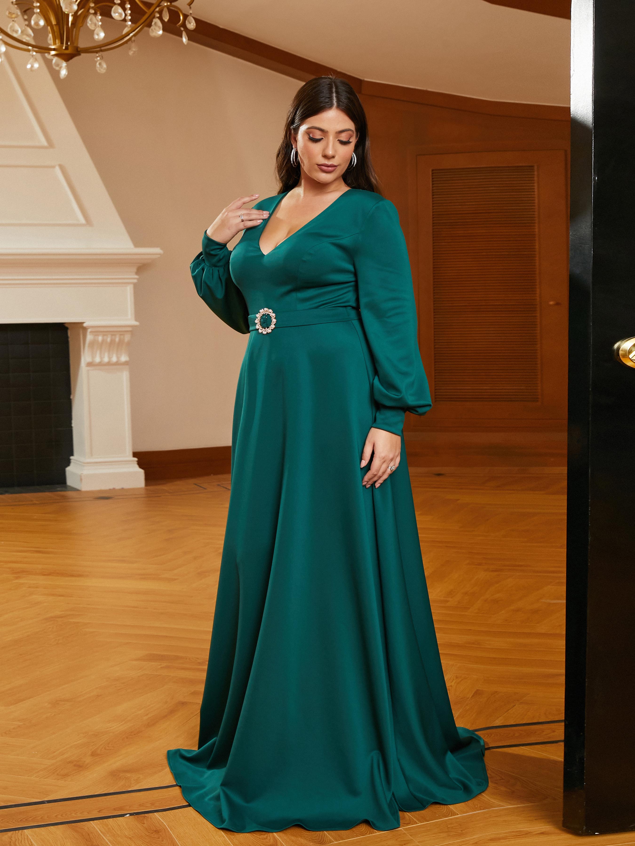 MISSORD Plus Size V-neck A-line Belt Green Wedding Guest Dress