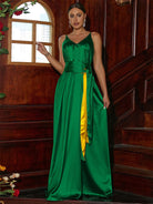 V Neck Spaghetti Maxi Green Prom Dress RM20028 MISS ORD