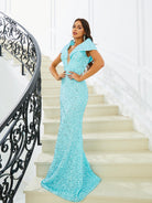 V-Neck Mermaid Sequin Blue Evening Dress