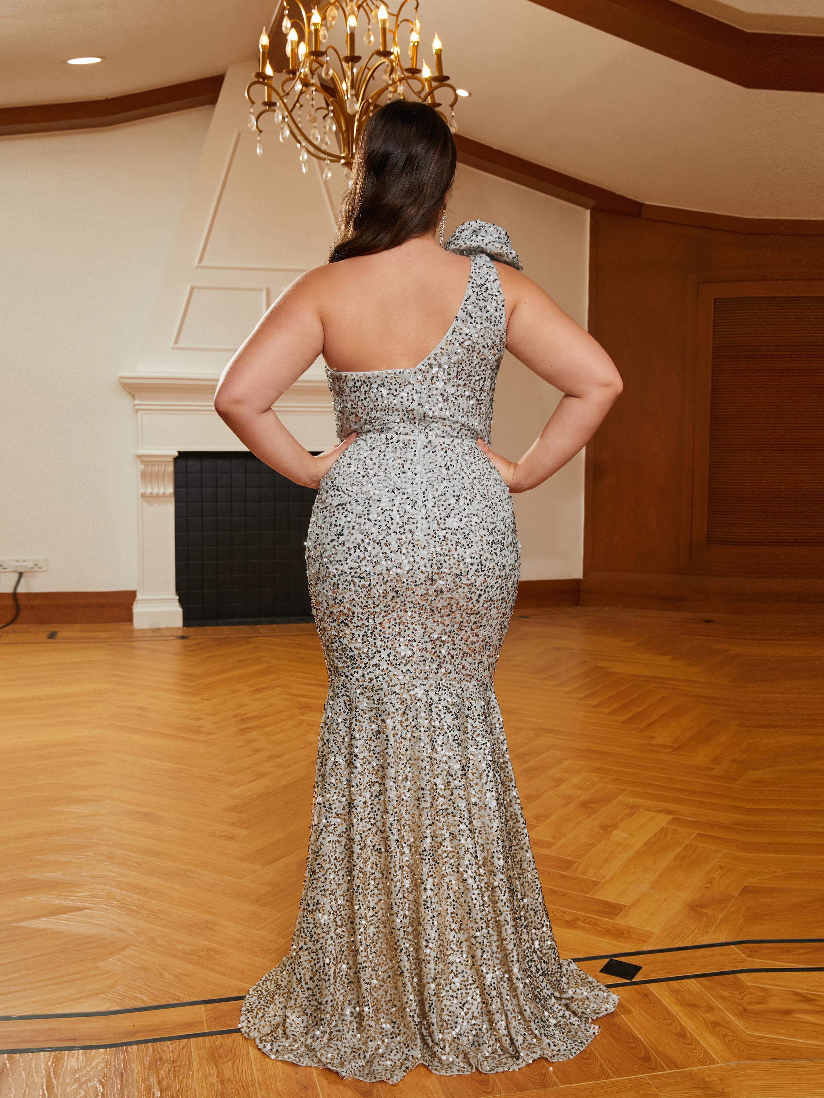 MISSORD Plus Size One Shoulder White Sequin Evening Dress