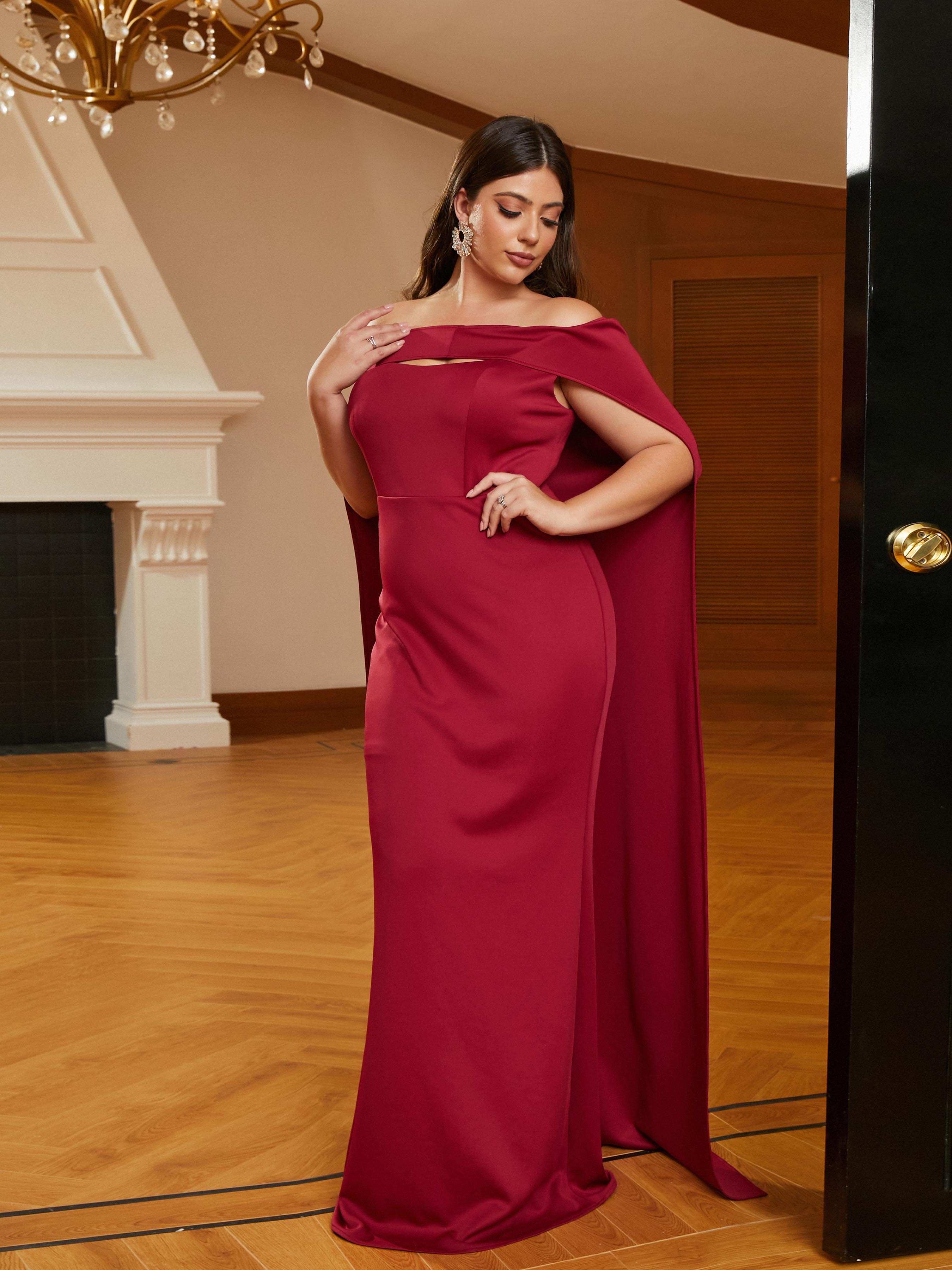 MISSORD Plus Size Cape Sleeve Cutout Red Wedding Guest Dress