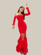 MISSORD Panel Off Shoulder Backless Red Prom Dress