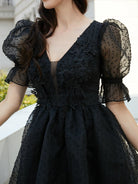 V-Neck Lantern Sleeve Mesh Appliqued Homecoming Dress XJ2182 MISS ORD