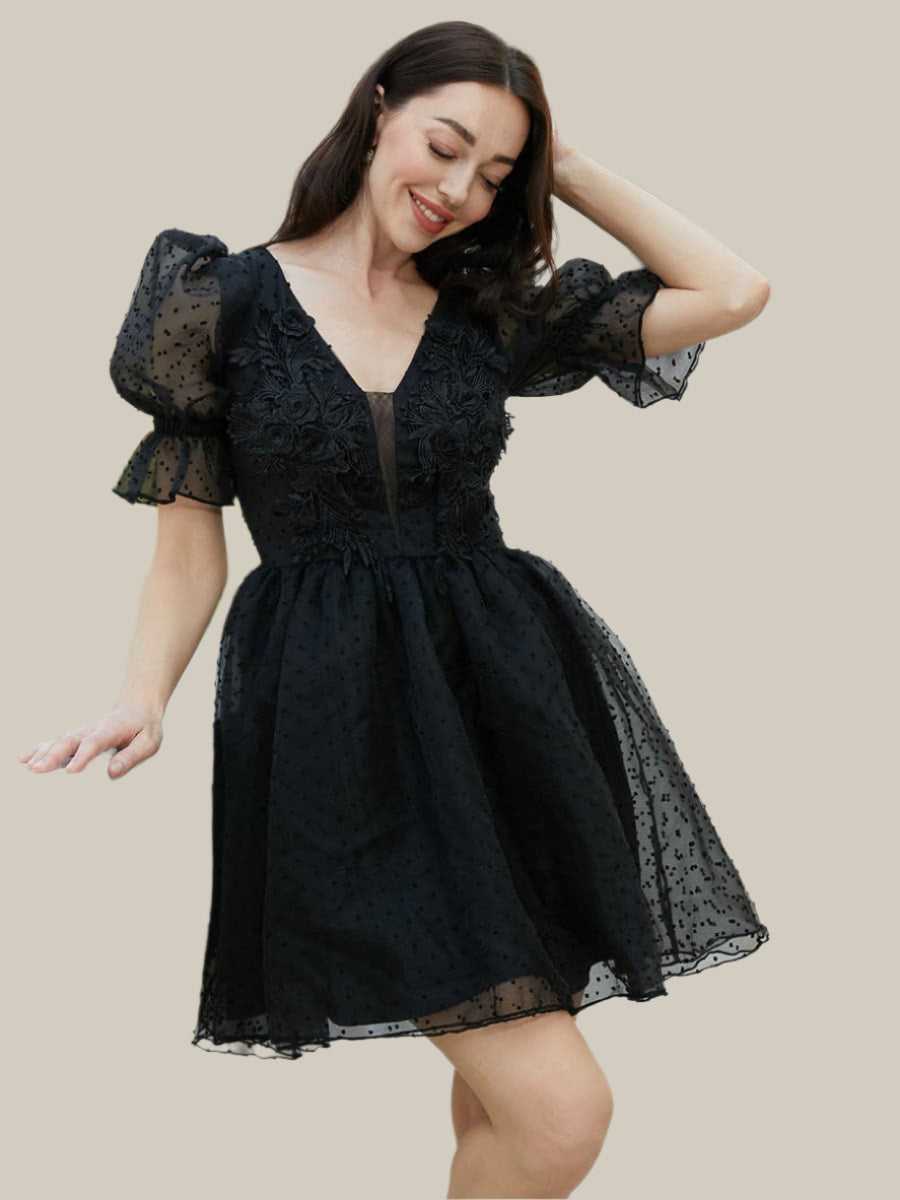 V-Neck Lantern Sleeve Mesh Appliqued Homecoming Dress XJ2182 MISS ORD