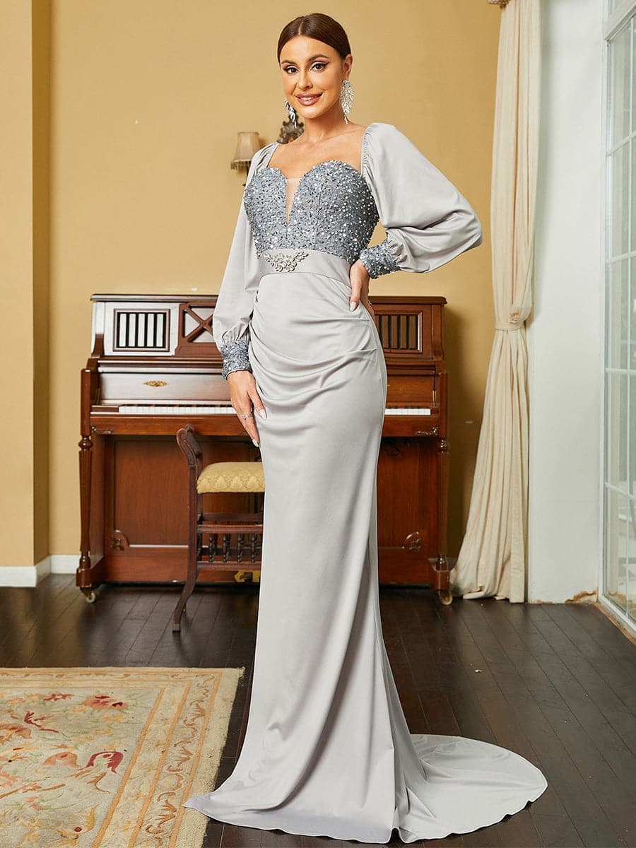 Long Sleeve Corset Grey Mermaid Evening Gown XHP2168 MISS ORD