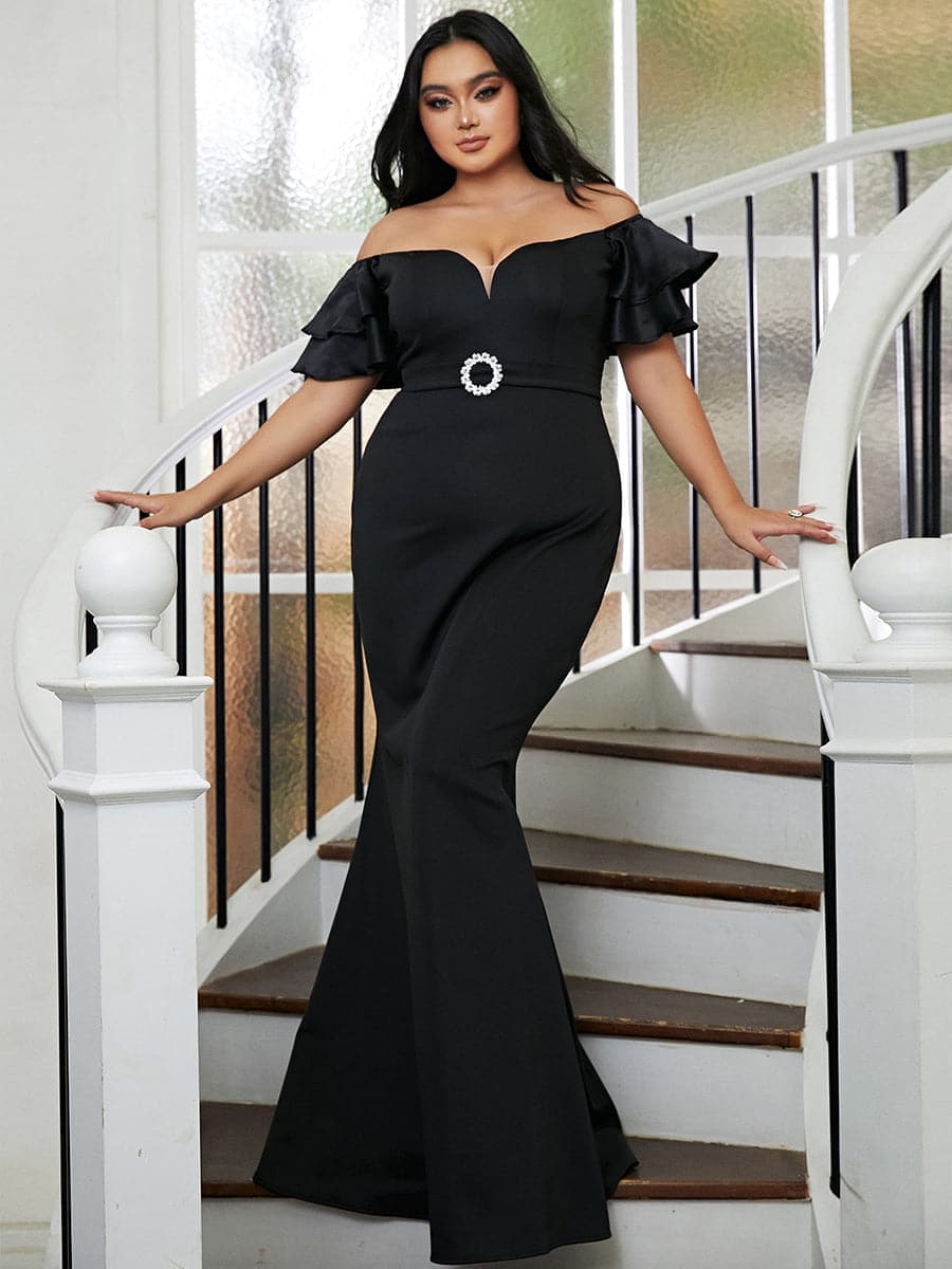 Plus Size Off Shoulder Lotus Sleeve Black Mermaid Evening Dress PWY111 MISS ORD