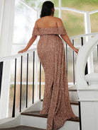 Plus Size Off Shoulder Draped Sequin Maxi Prom Dress PXH2132 MISS ORD