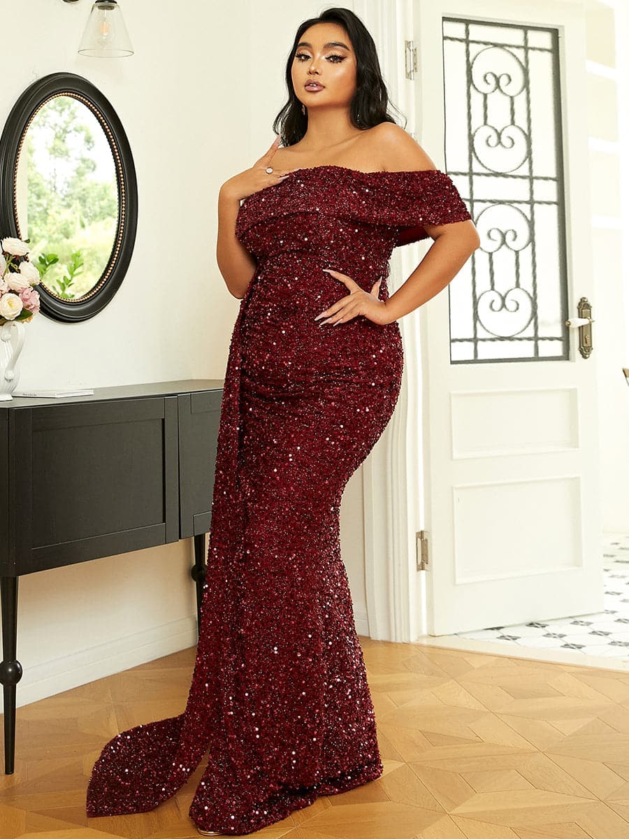 Plus Size Off Shoulder Draped Sequin Maxi Prom Dress PXH2132 MISS ORD