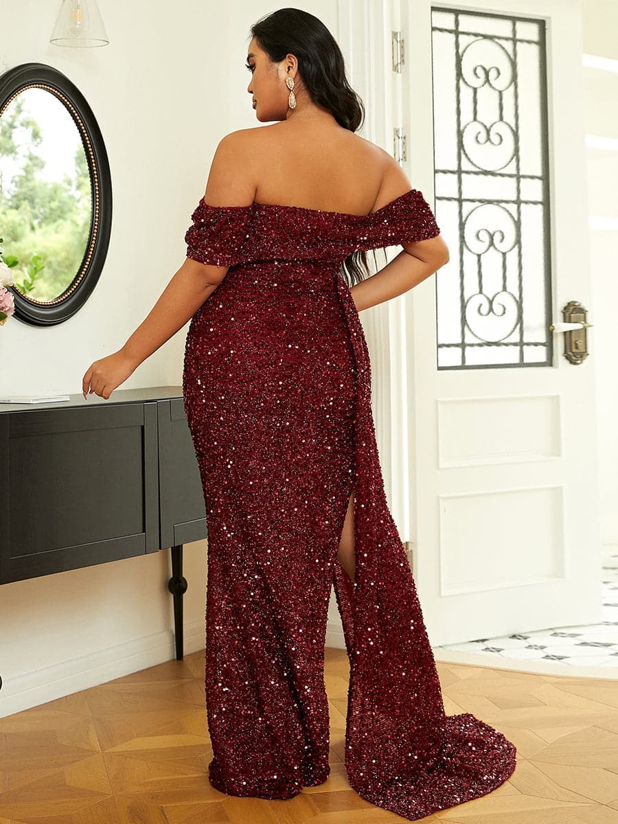 Plus Size Off Shoulder Draped Sequin Maxi Prom Dress PXH2132 MISS ORD