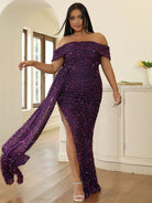 Plus Size Off Shoulder Draped Sequin Maxi Prom Dress PXH2132 MISS ORD