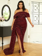 Plus Size Off Shoulder Draped Sequin Maxi Prom Dress PXH2132 MISS ORD