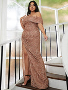 Plus Size Off Shoulder Draped Sequin Maxi Prom Dress PXH2132 MISS ORD