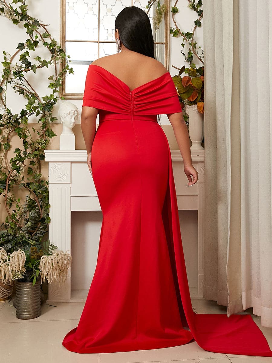 Plus Size Off Shoulder Cap Sleeve Ribbon Red Prom Dress PXJ1286 MISS ORD