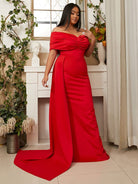 Plus Size Off Shoulder Cap Sleeve Ribbon Red Prom Dress PXJ1286 MISS ORD