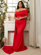 Plus Size Off Shoulder Cap Sleeve Ribbon Red Prom Dress PXJ1286 MISS ORD