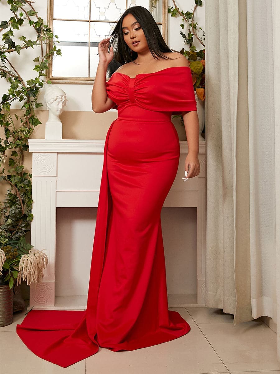 Plus Size Off Shoulder Cap Sleeve Ribbon Red Prom Dress PXJ1286 MISS ORD