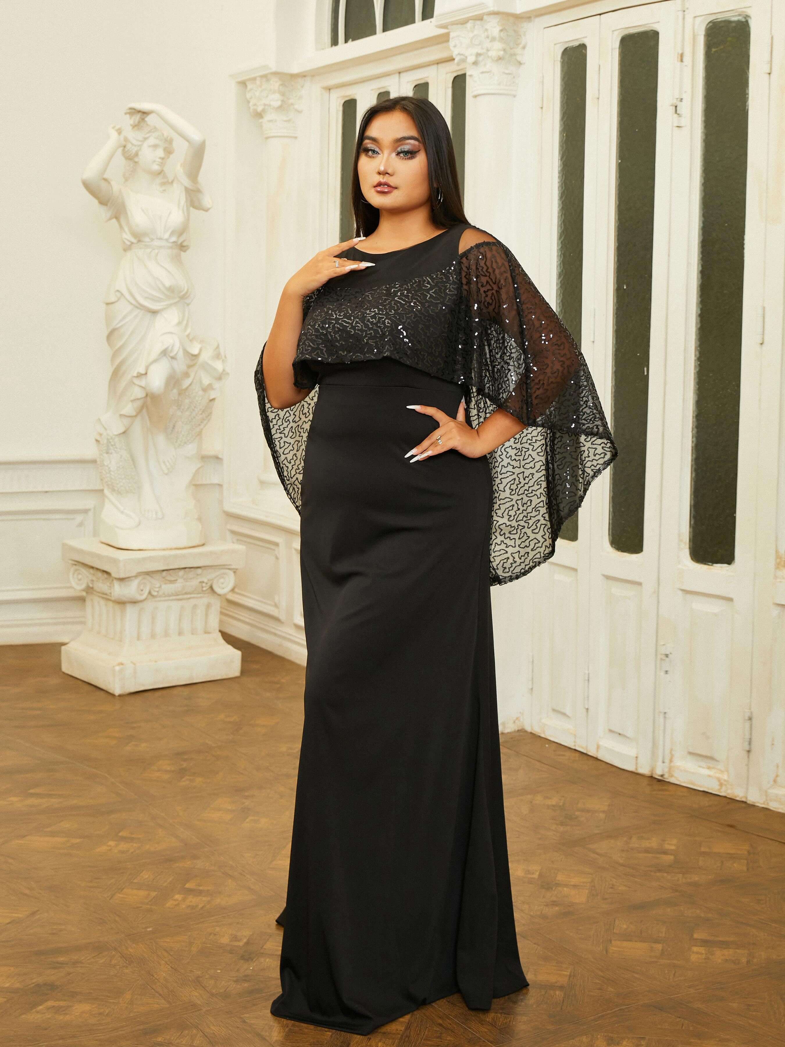 MISSOED Plus Size Cape Sleeve Backless Sequin Prom Dress