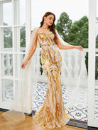 MISSORD Cape Sleeve Crew Neck Sequin Gold Prom Dress