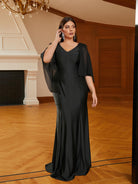 MISSORD Plus Size V-neck Cape Sleeve Black Prom Dress