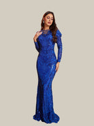 MISSORD Mesh Panel Long Sleeve Blue Sequin Evening Dress