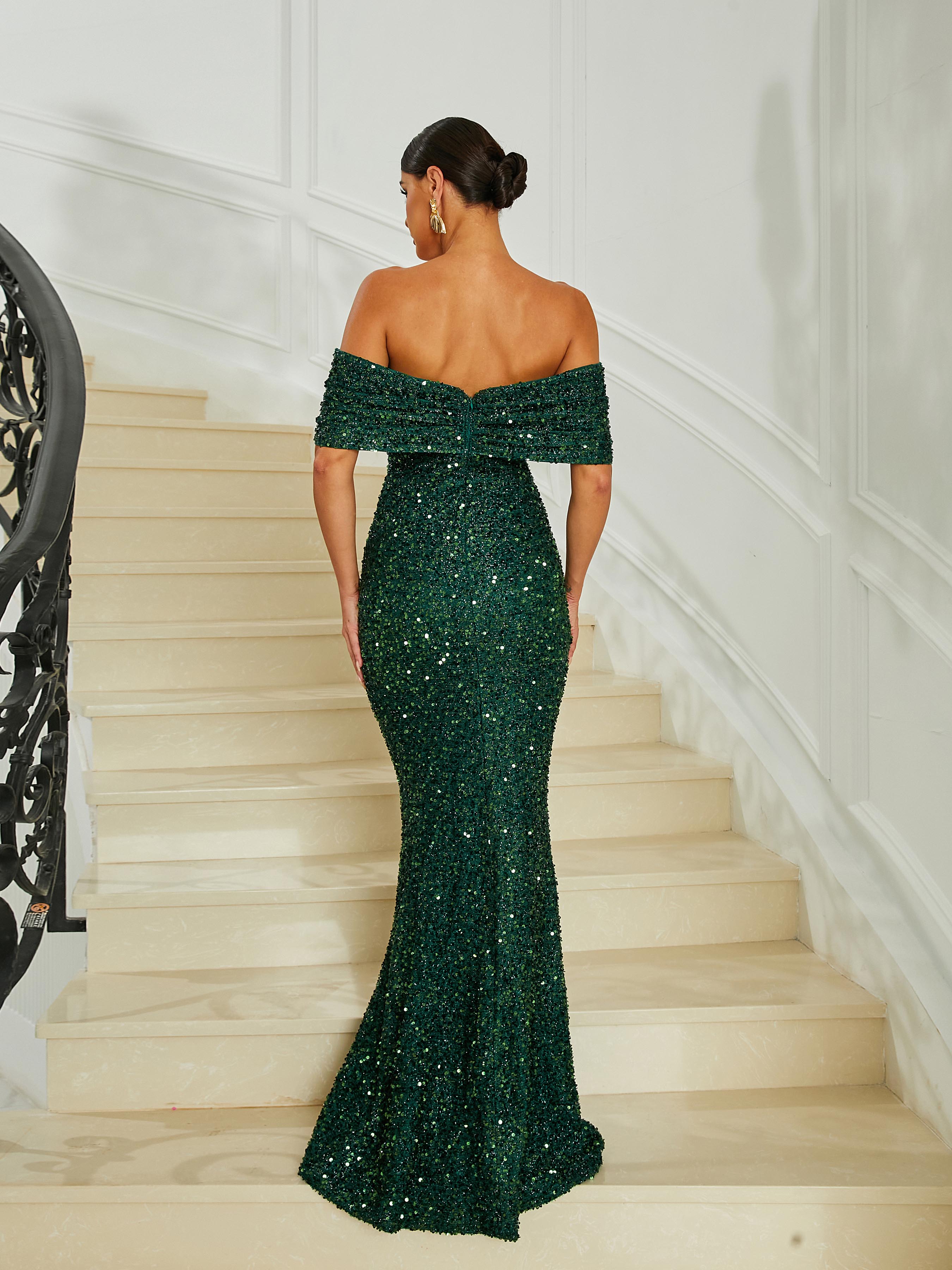 Off Shoulder Panel Green Sequin Evening Dress