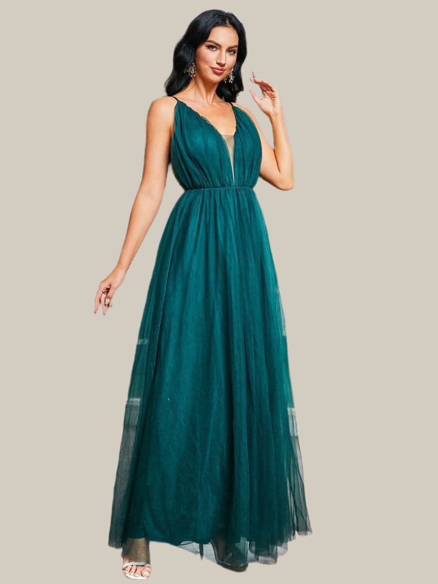 Spaghetti Tulle Ruched Green Prom Dress