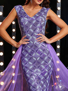 MISSORD V-neck Sleeveless Panel Mesh Purple Sequin Prom Dress