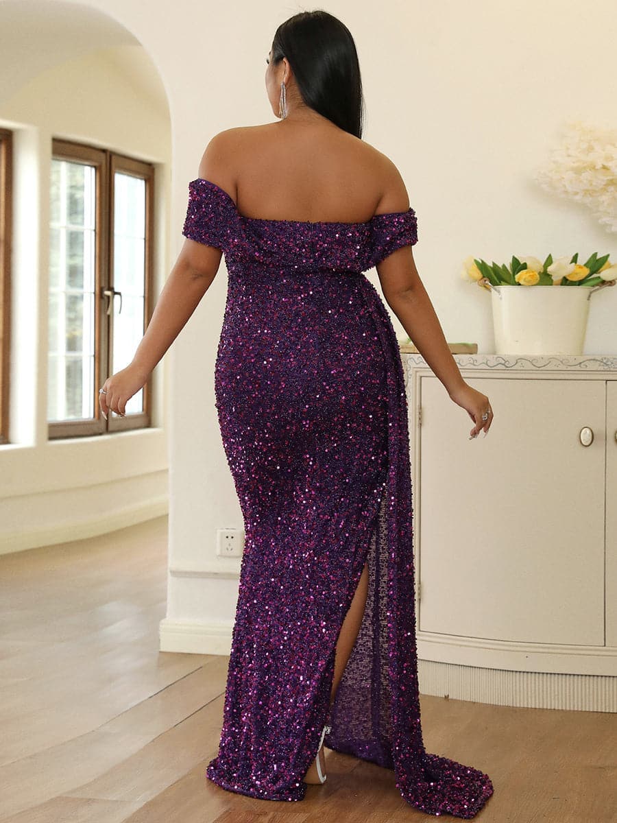 Plus Size Off Shoulder Draped Sequin Maxi Prom Dress PXH2132 MISS ORD