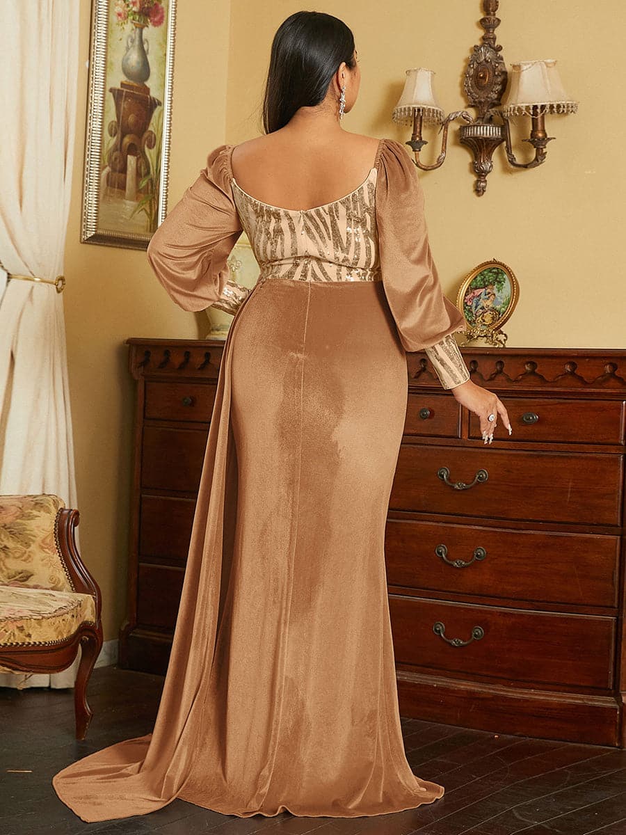 Plus Size Ribbon Lantern Sleeve Velvet Gold Evening Dress PJM032L MISS ORD