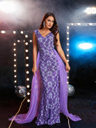 MISSORD V-neck Sleeveless Panel Mesh Purple Sequin Prom Dress