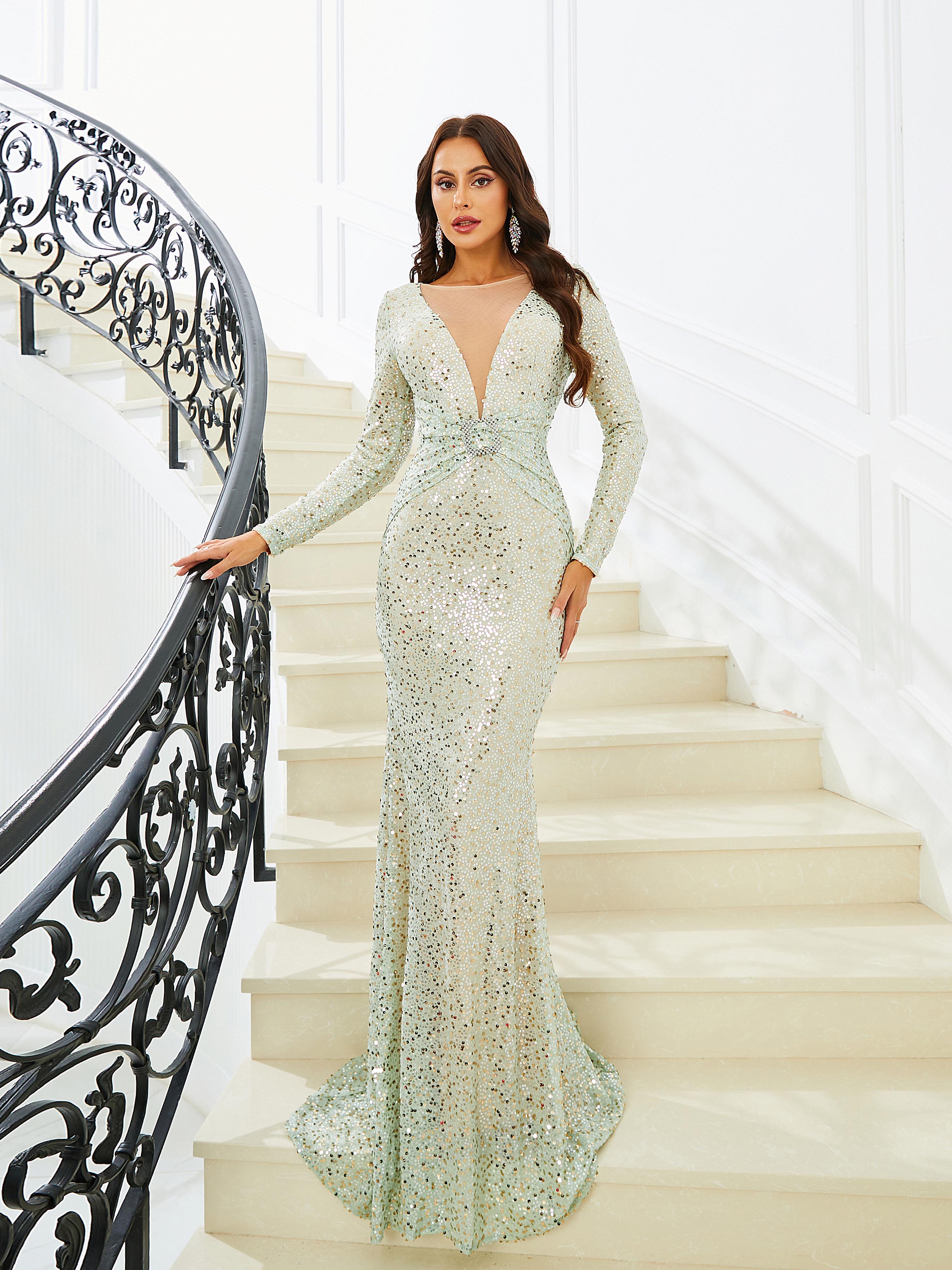 Mermaid Long Sleeve Sequin Evening Dress