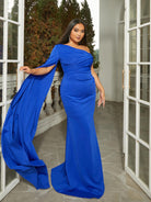 MISSORD Plus Size One Shoulder Ribbon Knit Blue Formal Dress