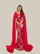 MISSORD V-neck Long Sleeve Red Sequin Maxi Prom Dress