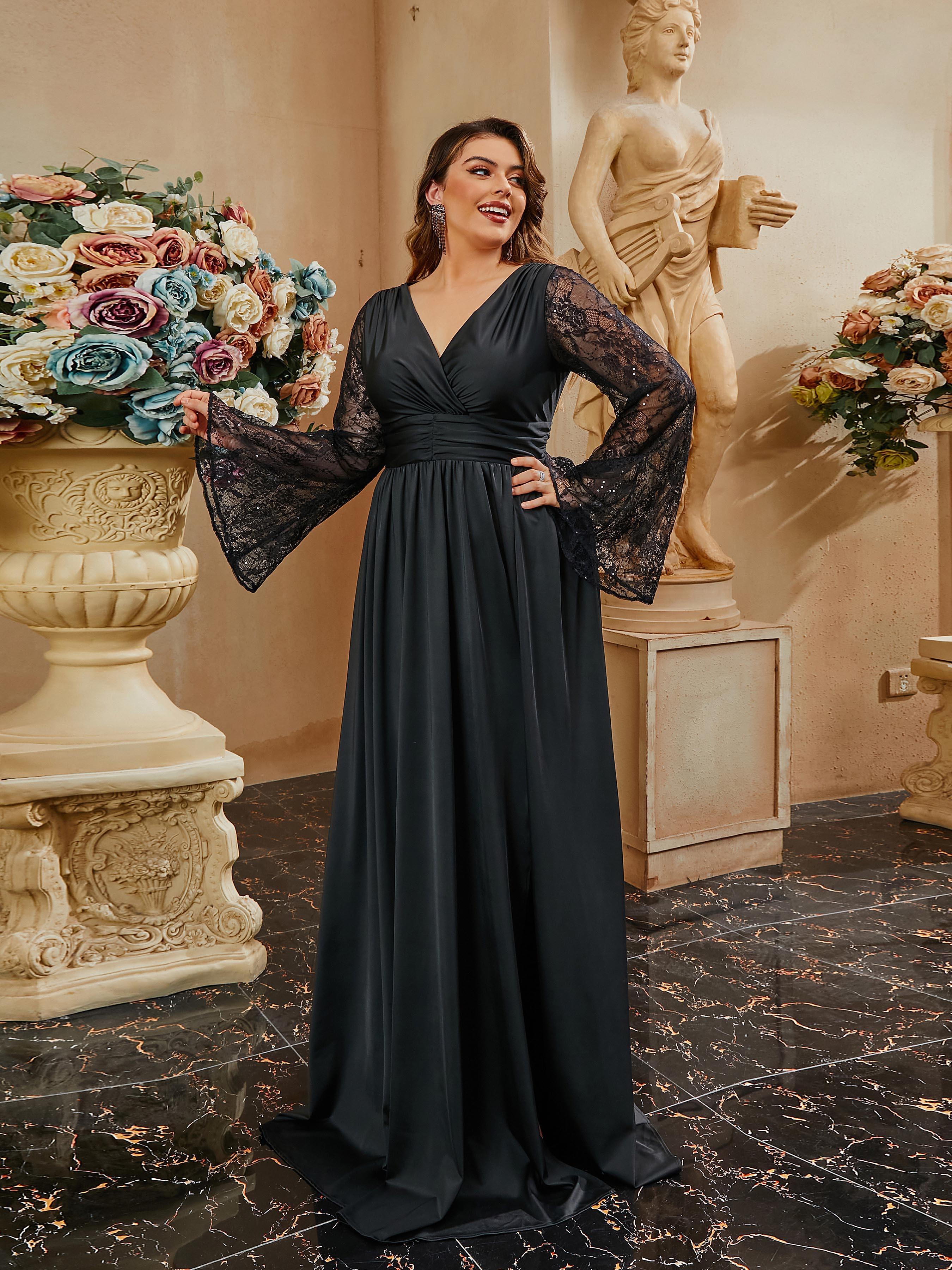 Plus Size Wrap Ruched Lace Sleeve Black Evening Dress