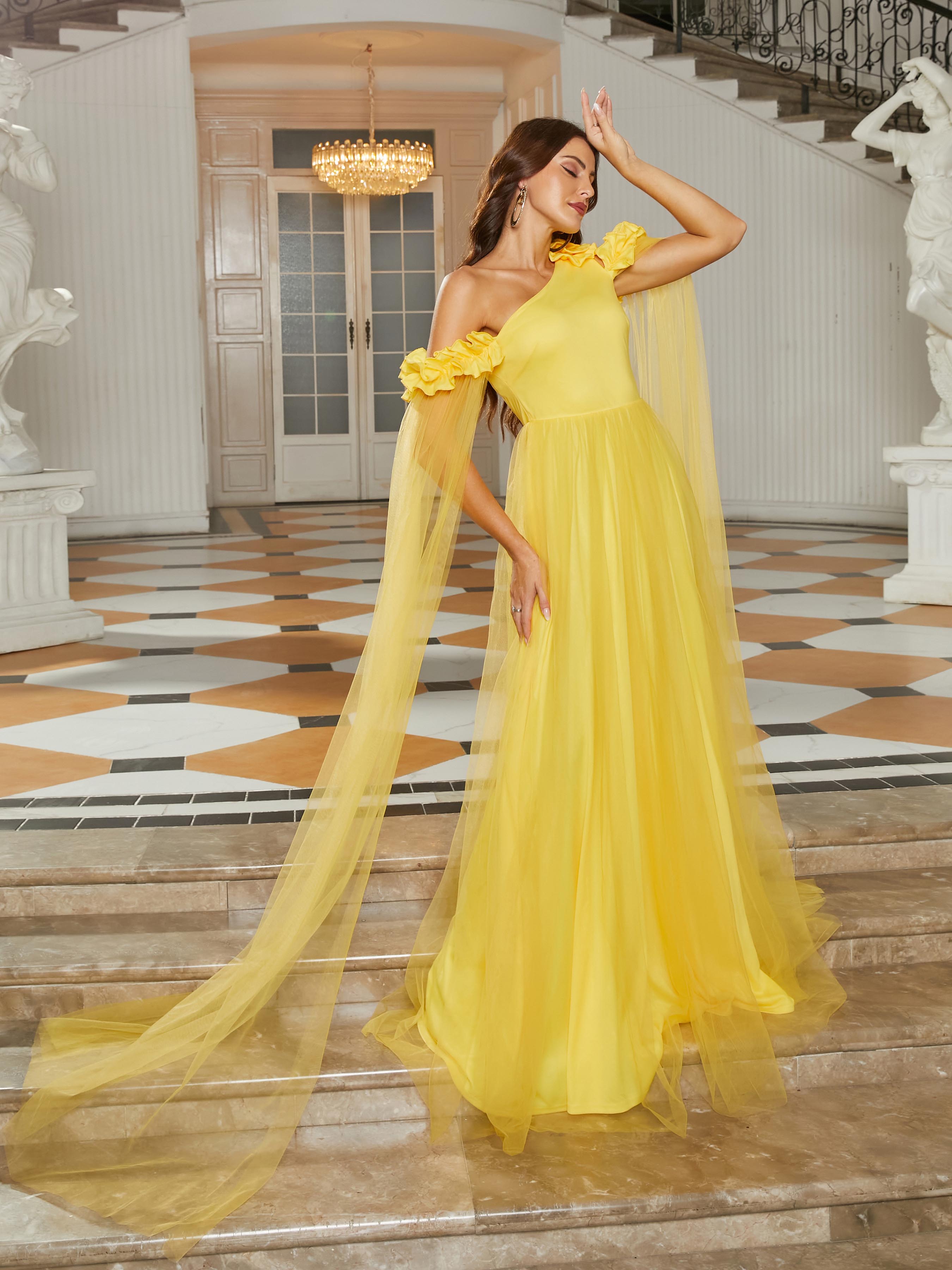 MISSORD One Shoulder Tulle Sleeveless Yellow Maxi Prom Dress