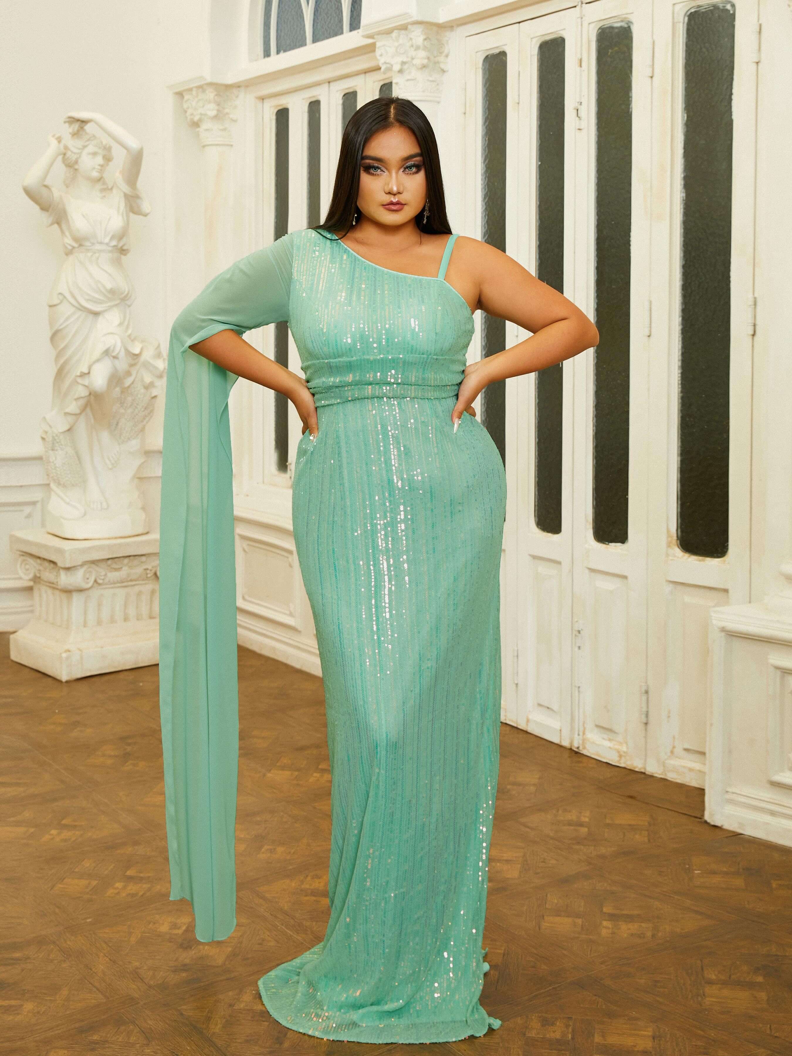 MISSORD Plus Size Ribbon One Shoulder Sequin Prom Dress