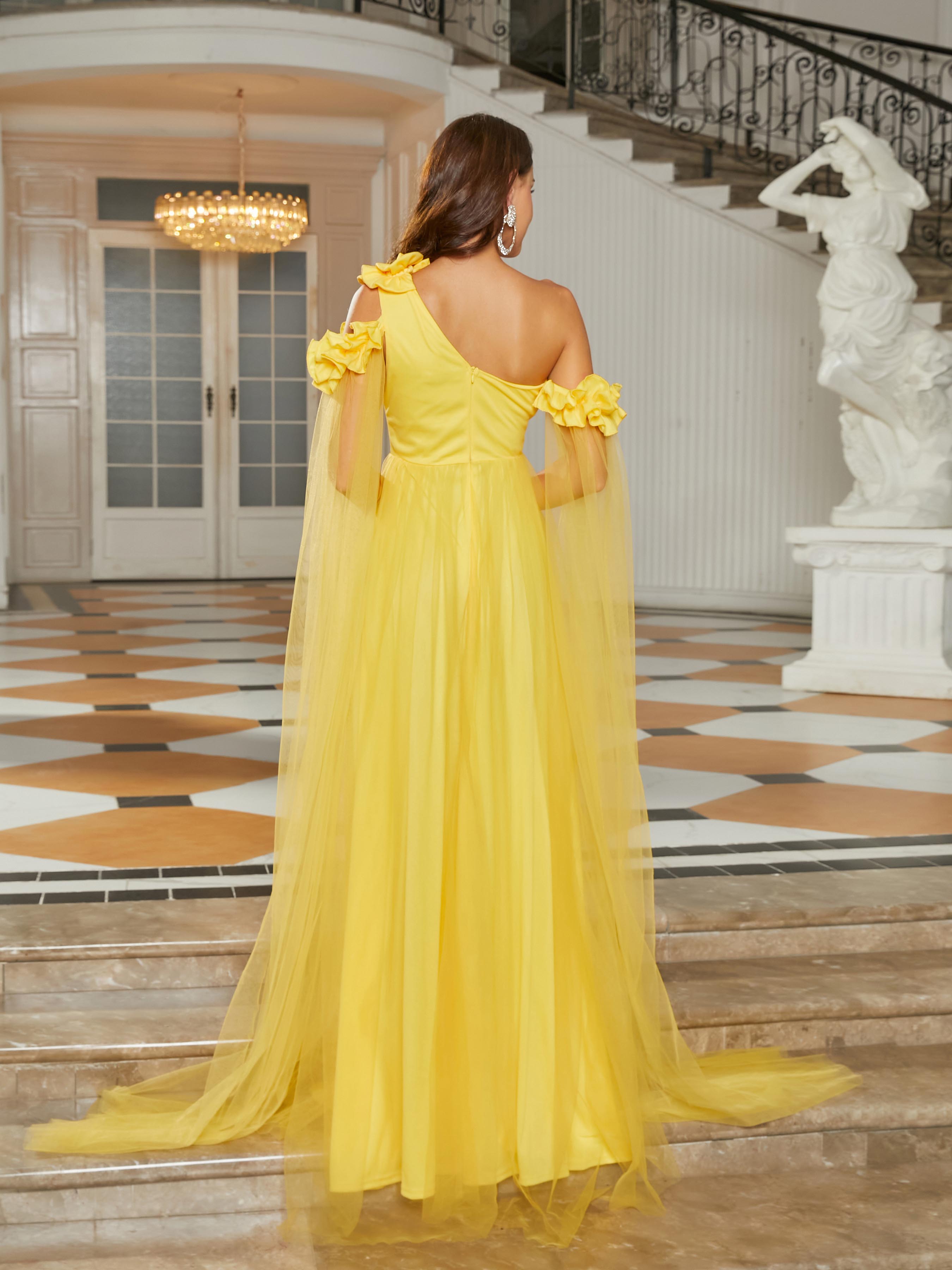 MISSORD One Shoulder Tulle Sleeveless Yellow Maxi Prom Dress