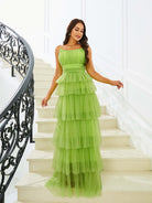 Spaghetti Ruffle Tulle Maxi Green Prom Dress