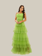 Spaghetti Ruffle Tulle Maxi Green Prom Dress