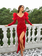 MISSORD Ballon Sleeve High Split Sequin Red Prom Dress 