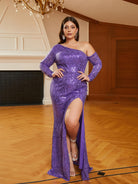 MISSORD Plus Size Long Sleeve High Split Sequin Purple Prom Dress