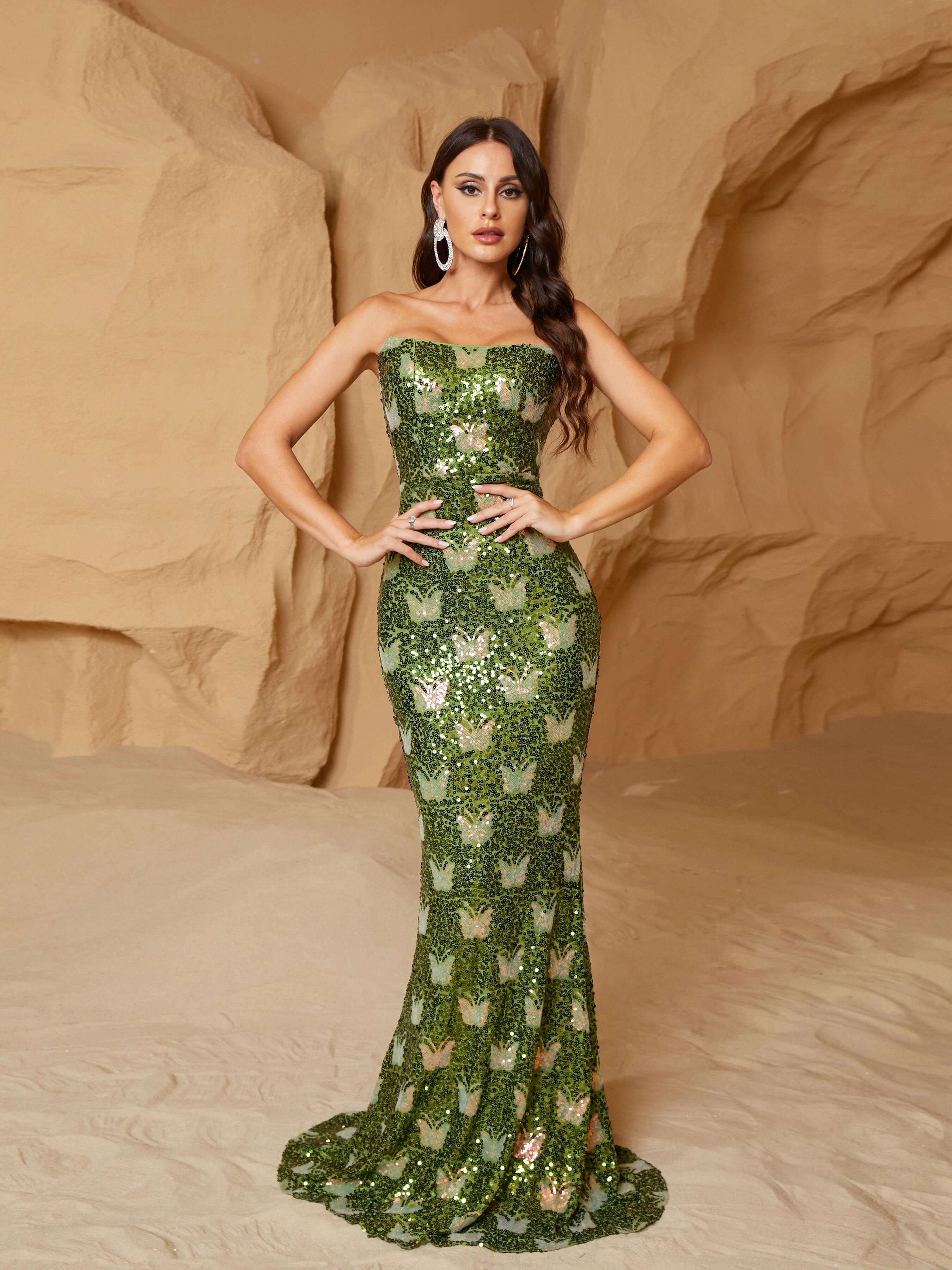 MISSORD Tube Top Backless Green Sequin Prom Dress