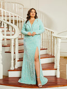 Plus Size V-Neck Cutout Split Mermaid Long Sleeve Prom Dress